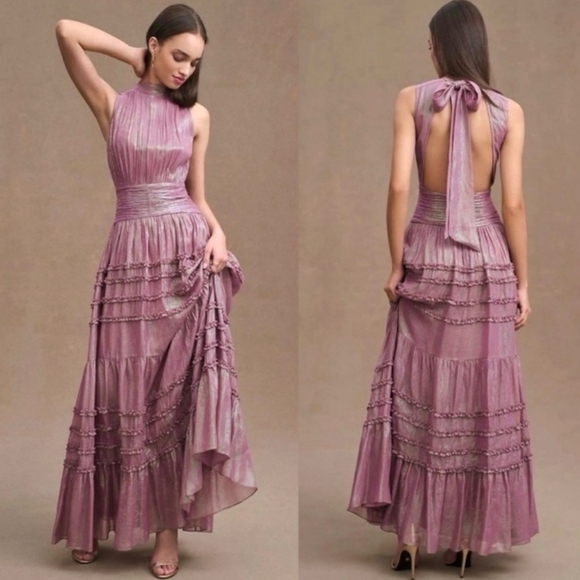 BHLDN Dresses & Skirts - BHLDN Juniper Tiered Backless High-Neck Gown Purple Metallic NEW w/tags